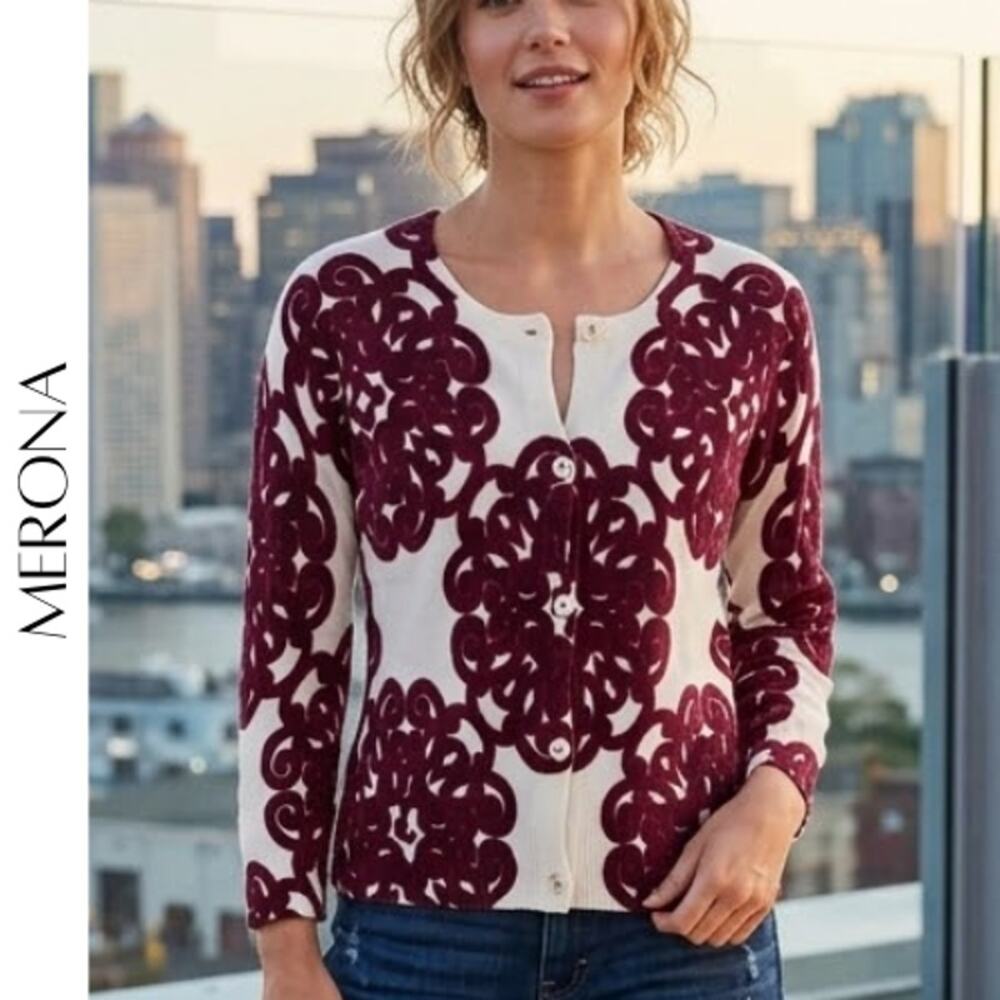 MERONA White Purple Medallion Cardigan XS Lightweight Layering Sweater